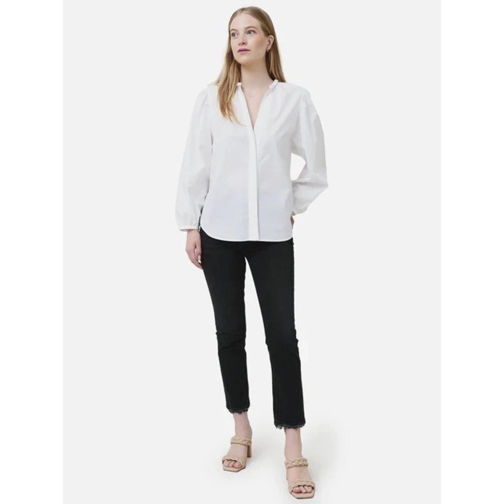 Vince Braid Trim Band Collar Blouse Button Top Deep V-Neck XL Minimalist Office - Picture 3 of 15